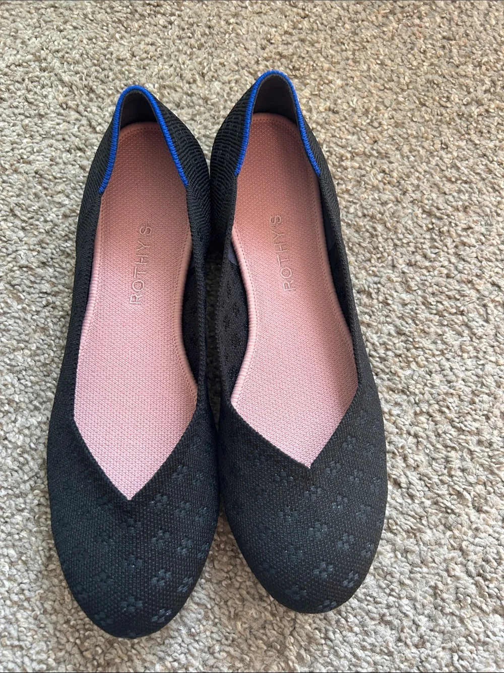 Rothy's Black Knit Flats with Pink Insole and Blue Trim